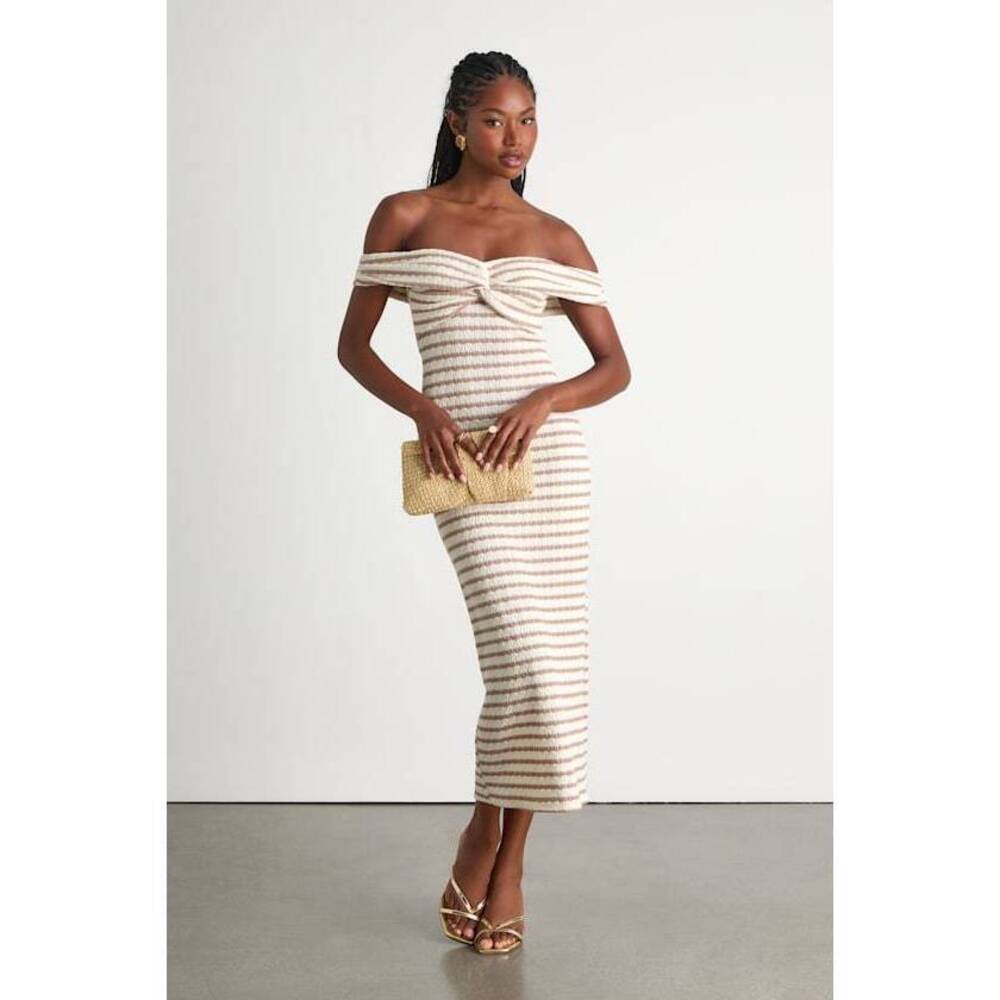 Lulus Baia Ivory And Taupe Striped Off-the-shoulder Midi Dress White - Size XL